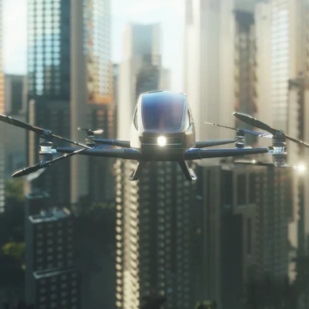 A black, futuristic-looking electric helicopter hovering over a city